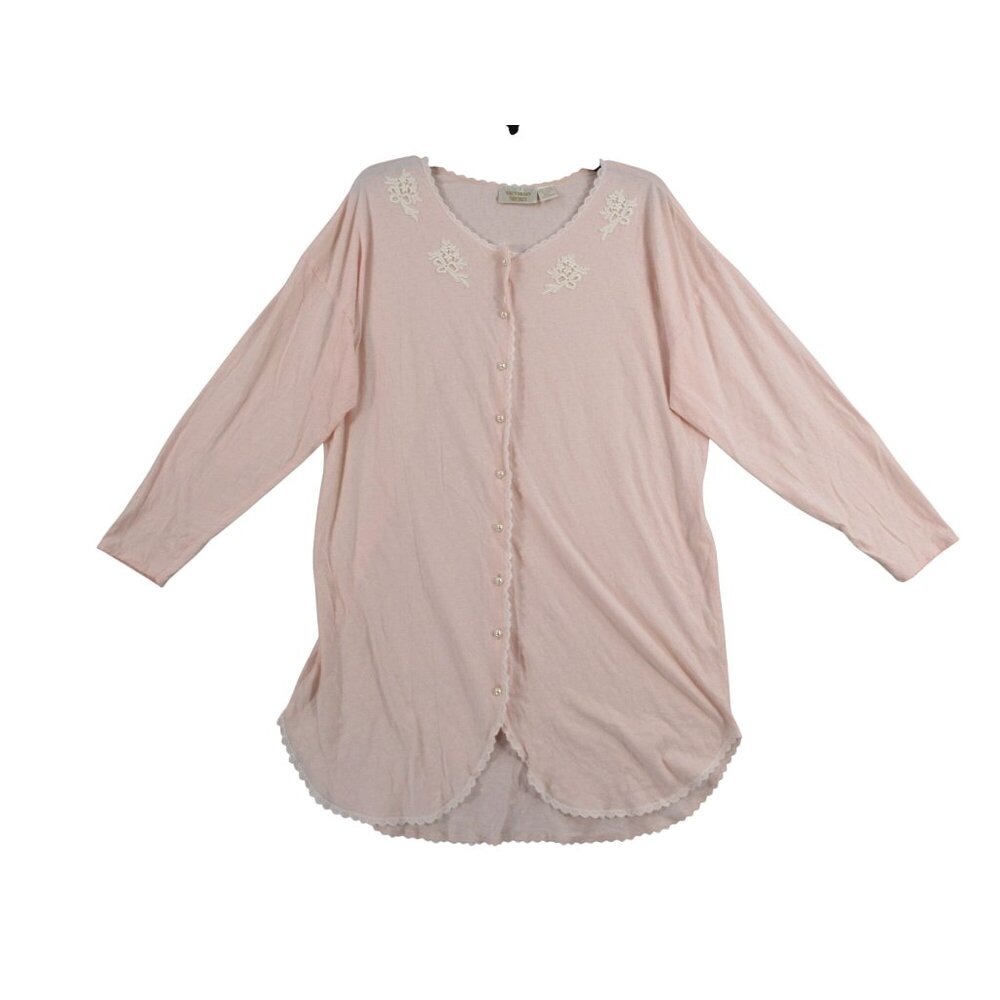 Victorias Secret Pink Embroidered Floral Lace Trim Button-Down‎ Nightgown M/L